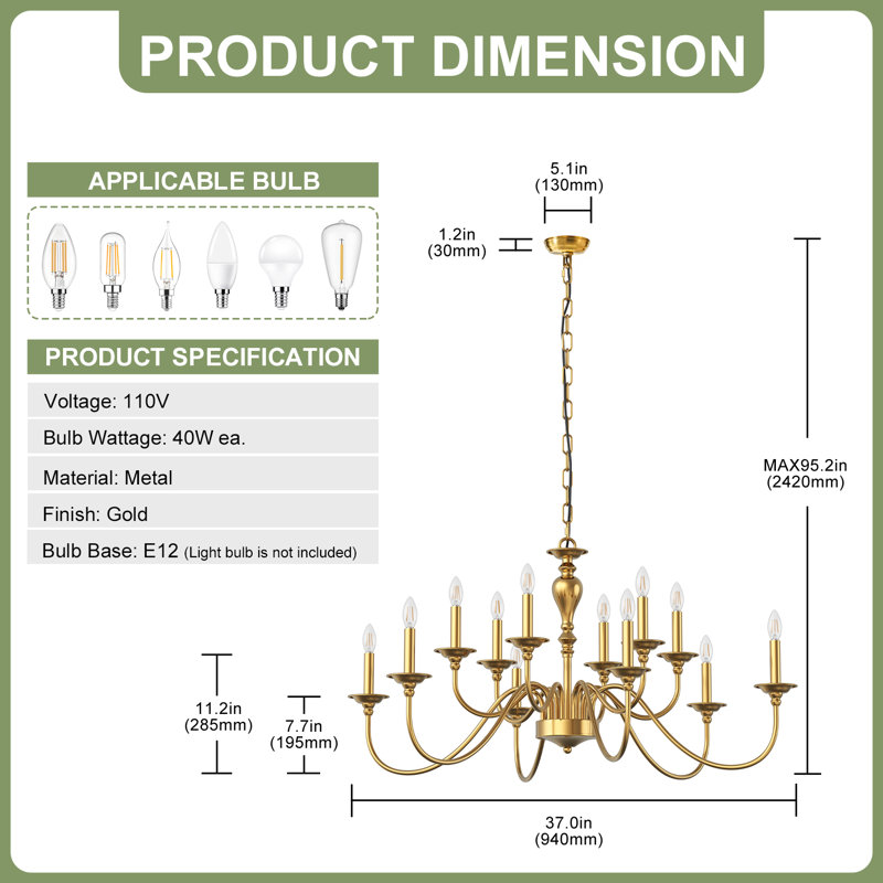 Lustre traditionnel à 12 lumières (94 cm de large)