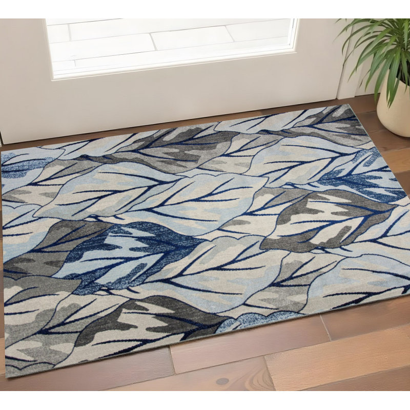 Tapis gris et bleu marine 3 pi x 5 pi à feuilles botaniques