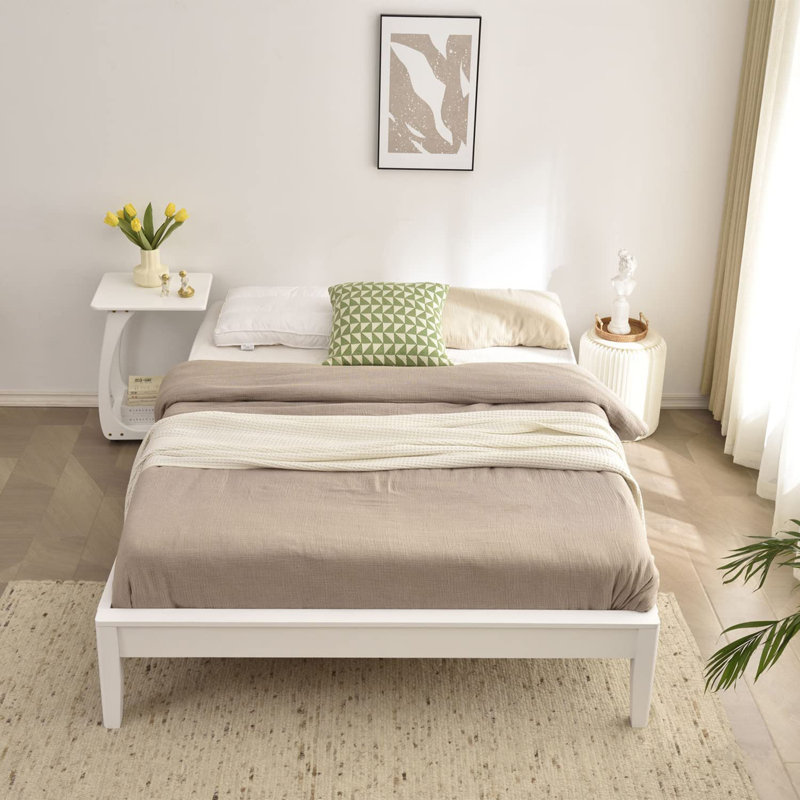 Palmeri Solid Pine Wood Platform Bed Frame, White, Full / Double