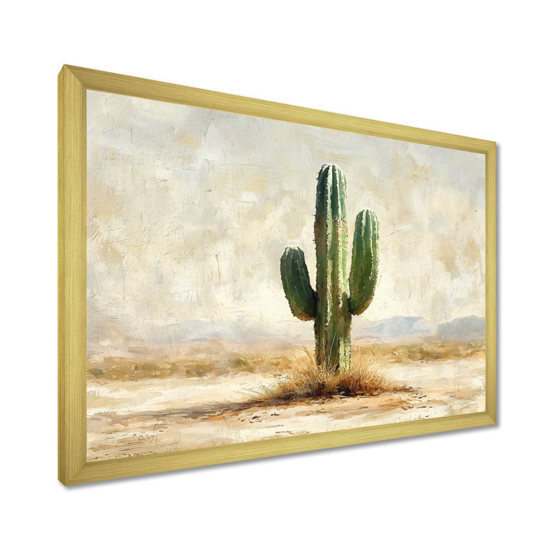 Cactus dans le désert V - Art mural de cactus pour le salon, H 24 po x l 32 po, Cadre simple, Doré