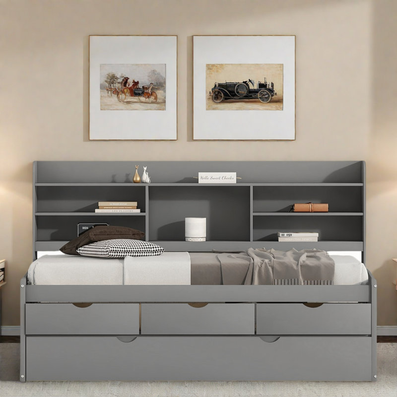 Lit de jour en bois avec tablettes intégrées, 3 tiroirs de rangement et lit gigogne, Gris