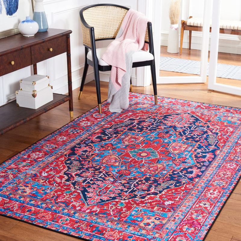 Tucson Vintage Look Machine Washable Non-Slip Area Rug in Red, Pink & Blue, Rectangle 183 x 274 cm