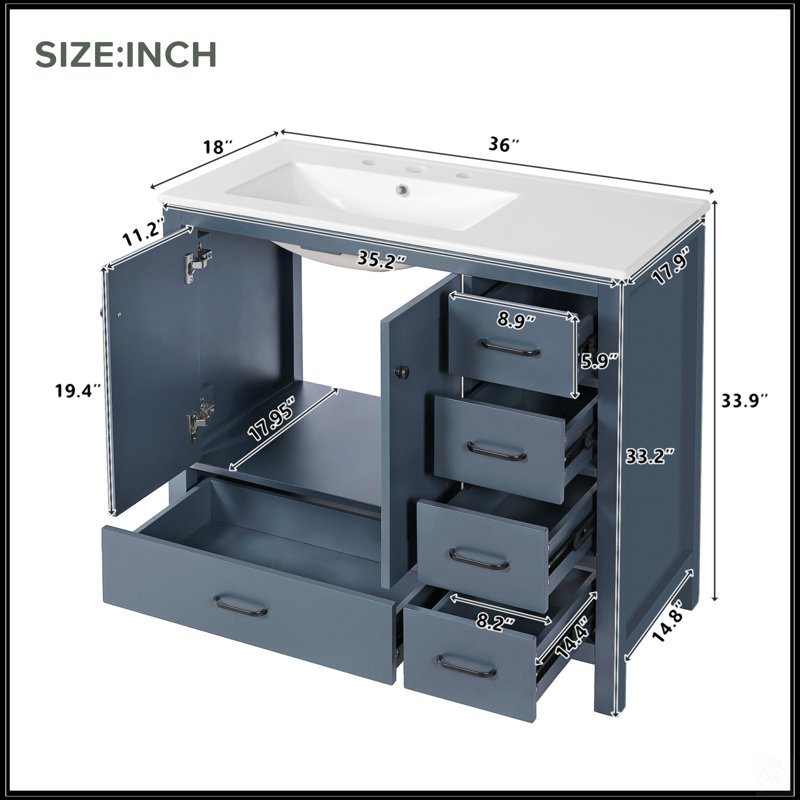 Meuble-lavabo 36 po avec lavabo en céramique et armoire de rangement abondante - Portes et tiroirs à fermeture en douceur