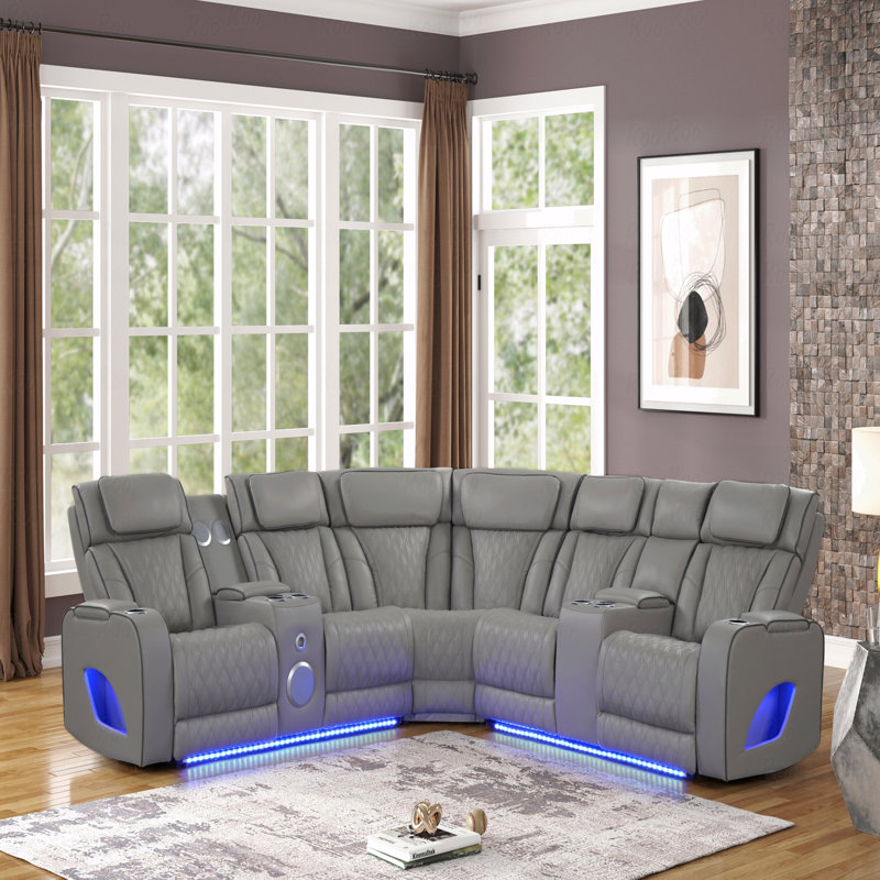 Modern Style Power Recliner Sectional Sofa With Bluetooth Speaker And With LED Light Made With Wood And Metal, With Massage Function Function