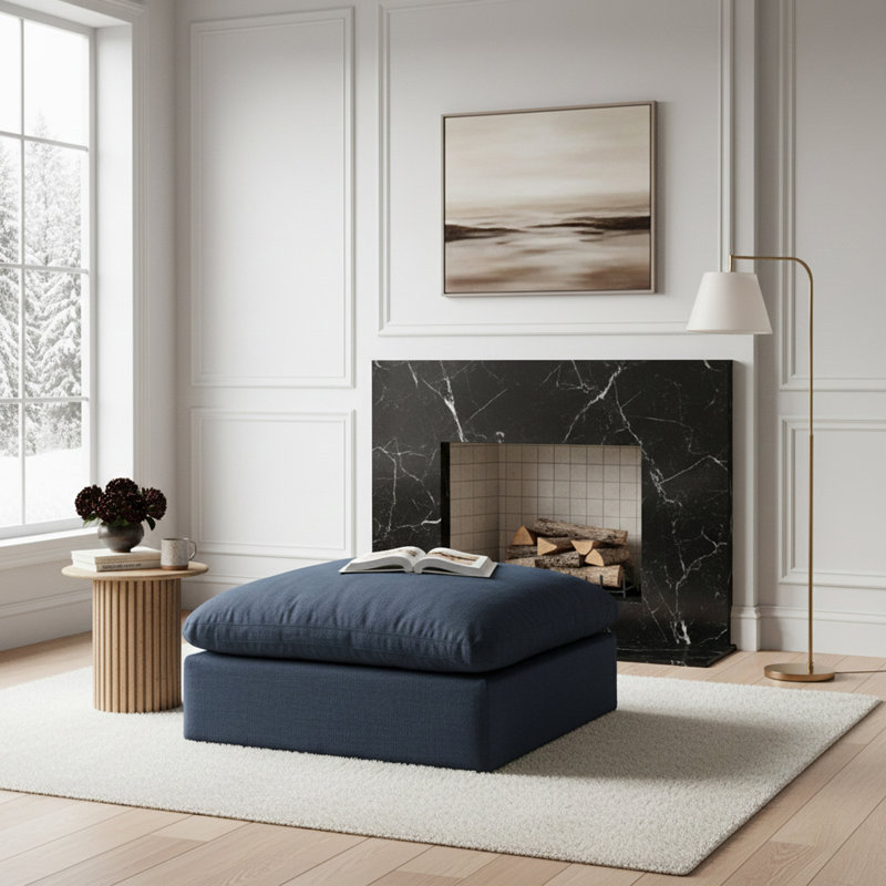 Israar Upholstered Ottoman, Navy Linen Textured Fabric