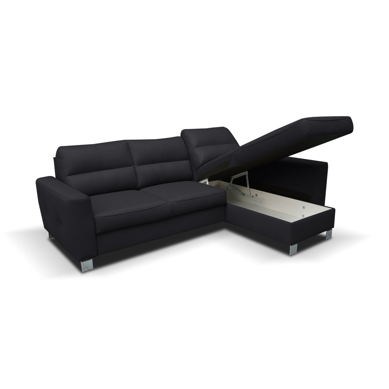 Birdell Leather Corner Sofa with Sleeping Function and Box , Black, Right Hand Facing