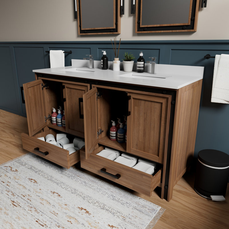 Meuble-lavabo double l 60 po x P 22 po, plateau en marbre de culture, ensemble de robinet et miroirs 22 po, Bois de grange