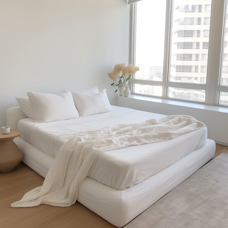 Ensemble de drap-housse 100% lin français avec taies d'oreiller 3 pièces (tailles et couleurs multiples), Blanc