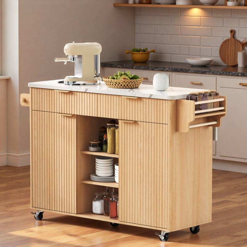 Fluted Kitchen Island With Drop Leaf, Power Outlet, Adjustable Shelves, 2 Doors And 2 Drawers, White/Natural