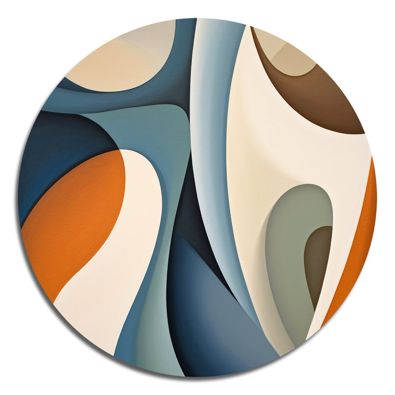 Visions symétriques bleues et orange - art abstrait rond en métal, H 16 po x l 16 po