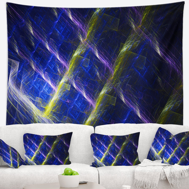 Tapisserie abstraite à motif fractal bleu foncé, H 50 po x l 60 po