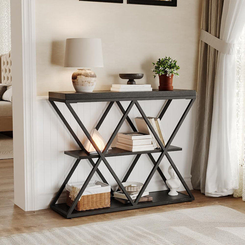 Slim 3-Tier Console Table with Open Storage Shelves – Rustic Farmhouse Entryway Sofa Table – X-Shaped Metal Legs – Space-Saving Living Room or Hallway Furniture