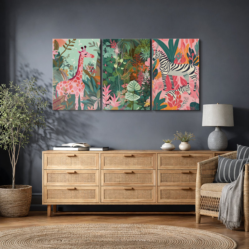 Lumineux, BCBG, animaux, rêveur, safari, rose, vert, animaux, illustrations, chambre d'enfant bohème, décoration, impression numérique sur toile, art mural encadré