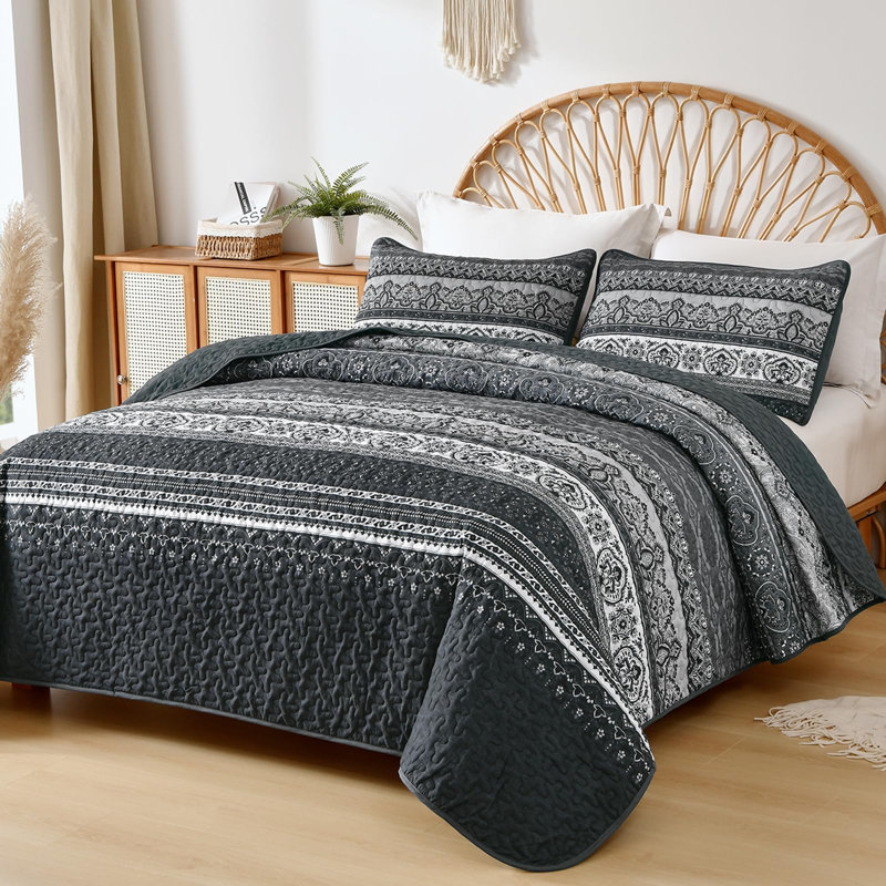 Ensemble de 3 courtepointe Boho Bohemian, Courtepointe pour lit grand + deux taies décorati, Noir