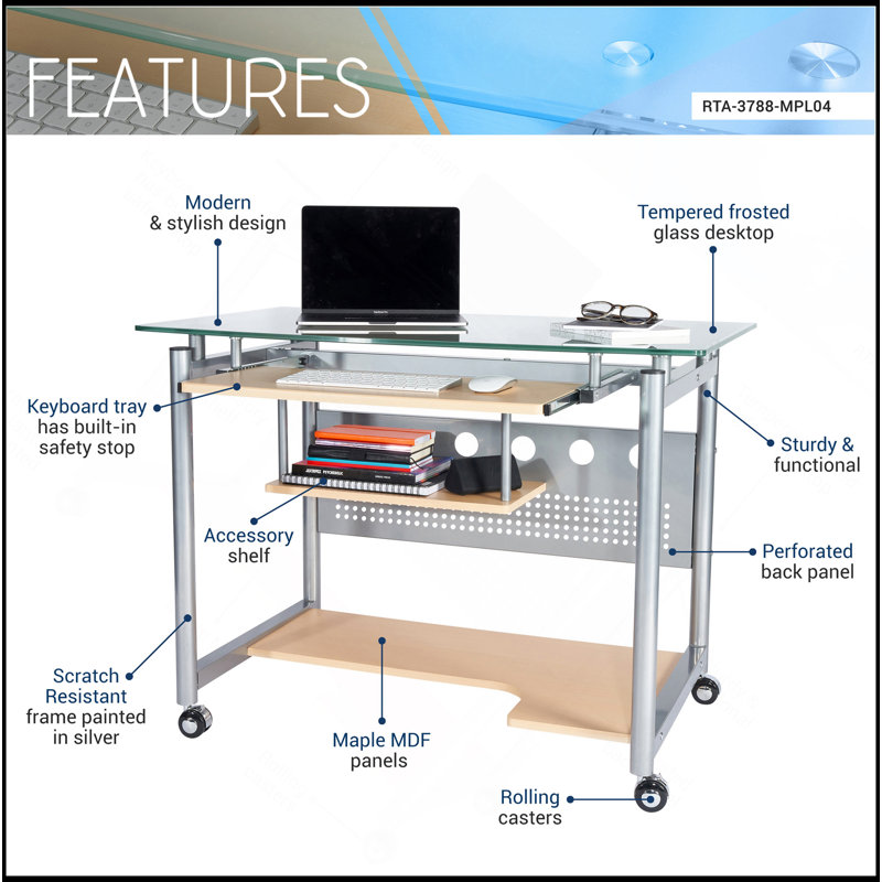 Bureau d'ordinateur à roulettes Techni Mobile, verre et argent