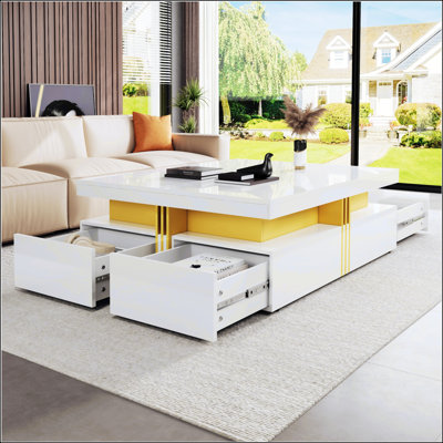 Modern Glossy Square Storage Coffee Table With 4 Drawers