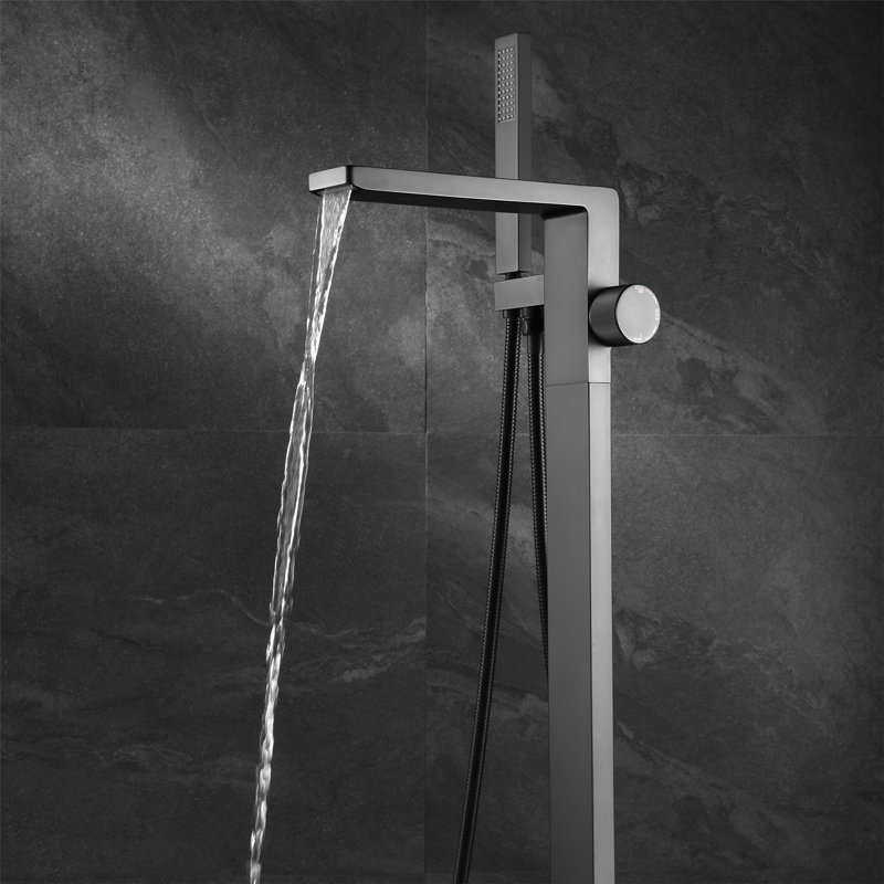 Robinet de baignoire autoportant monocommande à fixation au sol avec douche à main, Noir mat