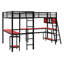 Lit mezzanine compact en forme de L avec lumières DEL, tablettes de rangement, deux stations de charge et deux bureaux intégrés