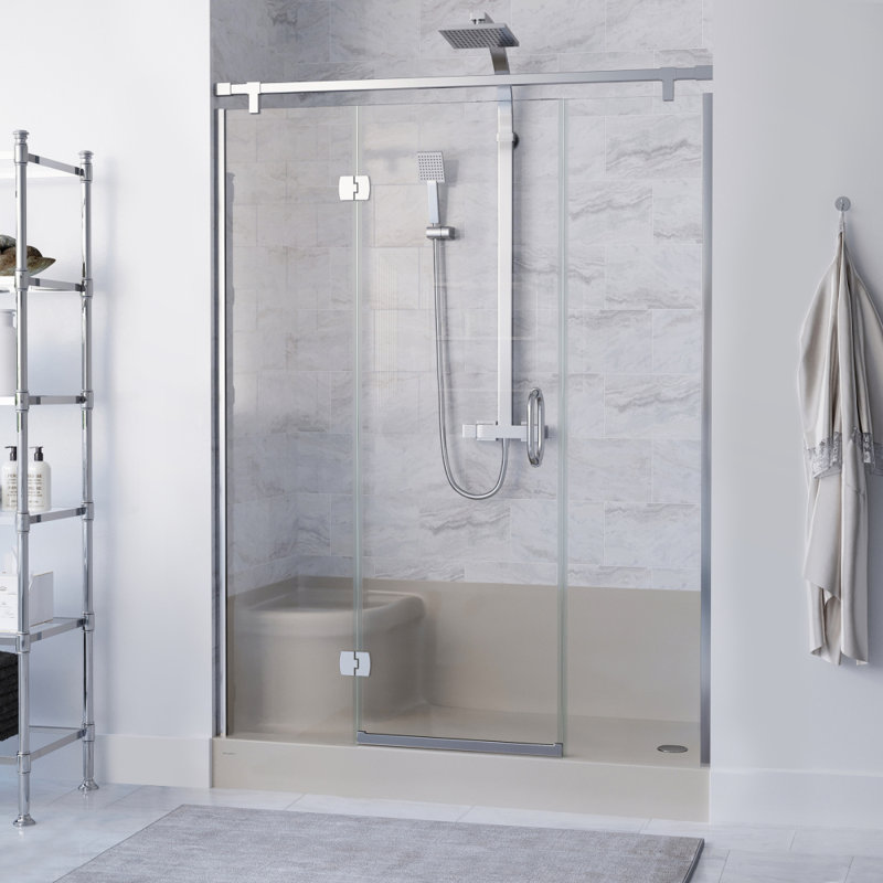 Aquatique 60" x 32" Single Threshold Shower Base With Right Hand Drain and Integral Left Hand Seat , Right, Biscuit