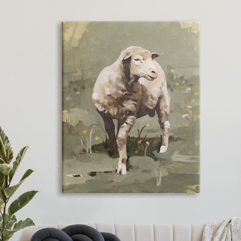 Moutons de printemps impressionnistes qui broutent un champ de verdure, Toile tendue, H 48 po x l 36 po