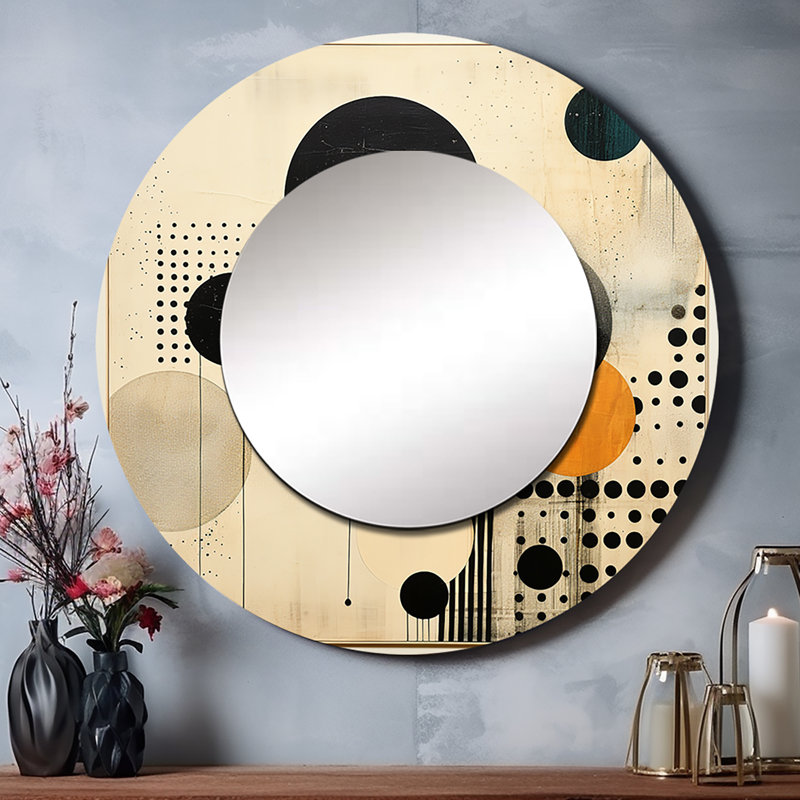 Gris gris jaune Mid Century Minimalist Oasis - miroir décoratif minimaliste, miroir mural rond moderne, impression d'art en métal