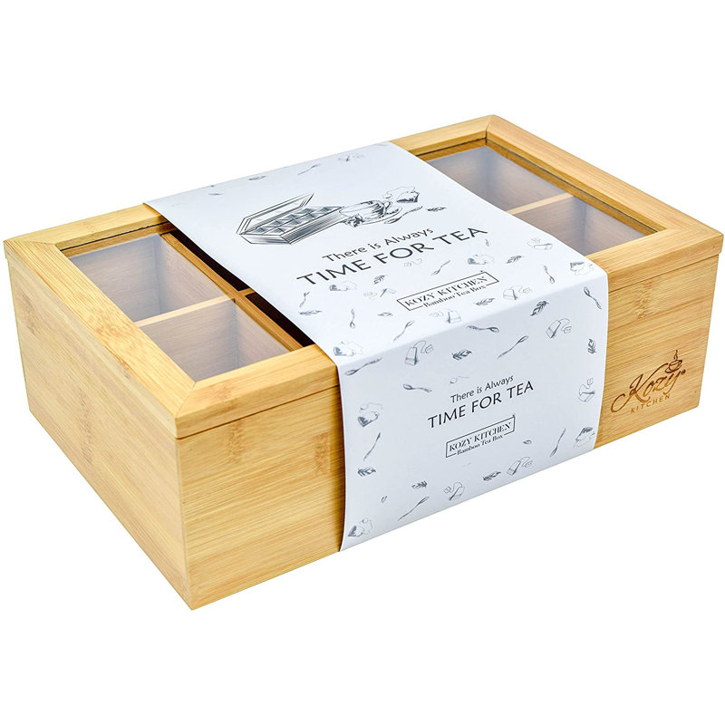 Large Bamboo Tea Box with Clear Hinged Lid and 8 Compartments