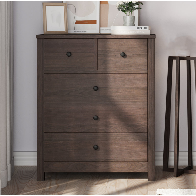 Petite commode robuste à 5 tiroirs avec poignée ronde, Brun