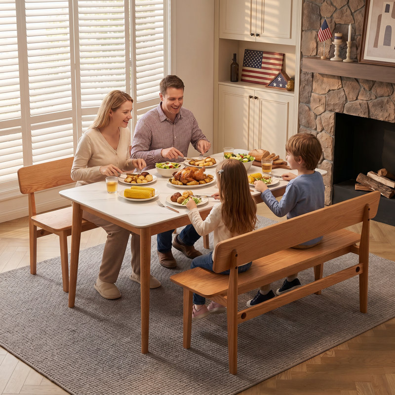 Solid Oak Wood Bench with Backrest, Natural Oak Finish, Comfortable Seat, Non-Slip Foot Pads for Dining Room, Entryway