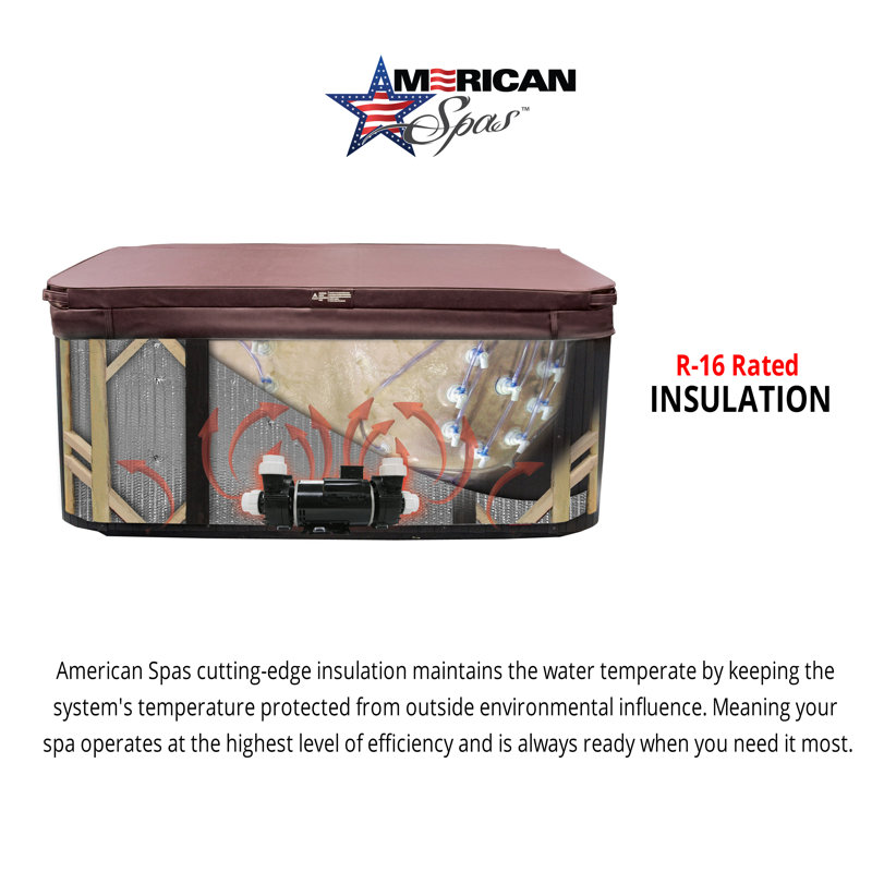 American Spas 7-Person 100-Jet Premium Bench Spa Standard Hot Tub With Sound System And LED Waterfall, Silver Oak, Champagne