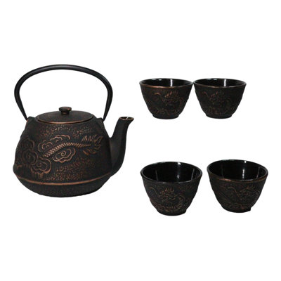 Bronze Oriental Dragon Design Tetsubin Cast Iron Teapot 33oz And 4 Tea Cups Set