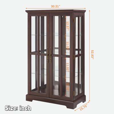 Vitrine à porte treillis en verre avec bande lumineuse RVB de couleur pleine grandeur, 3 tablettes de rangement réglables et poignées de style rétro