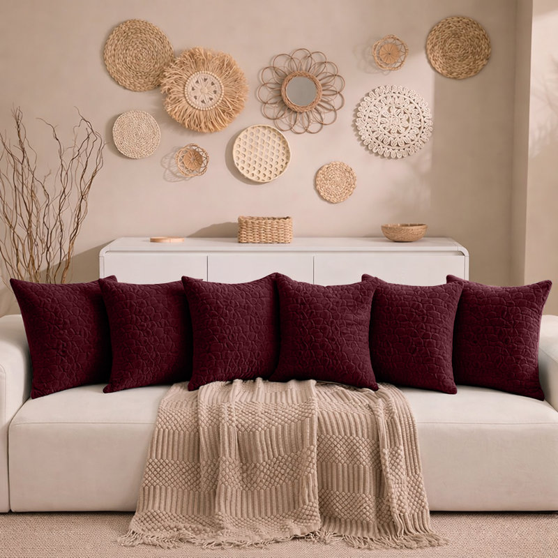 Aspire Homeware Geometric Square Velvet Cushion Covers, Burgundy, Pack of 6