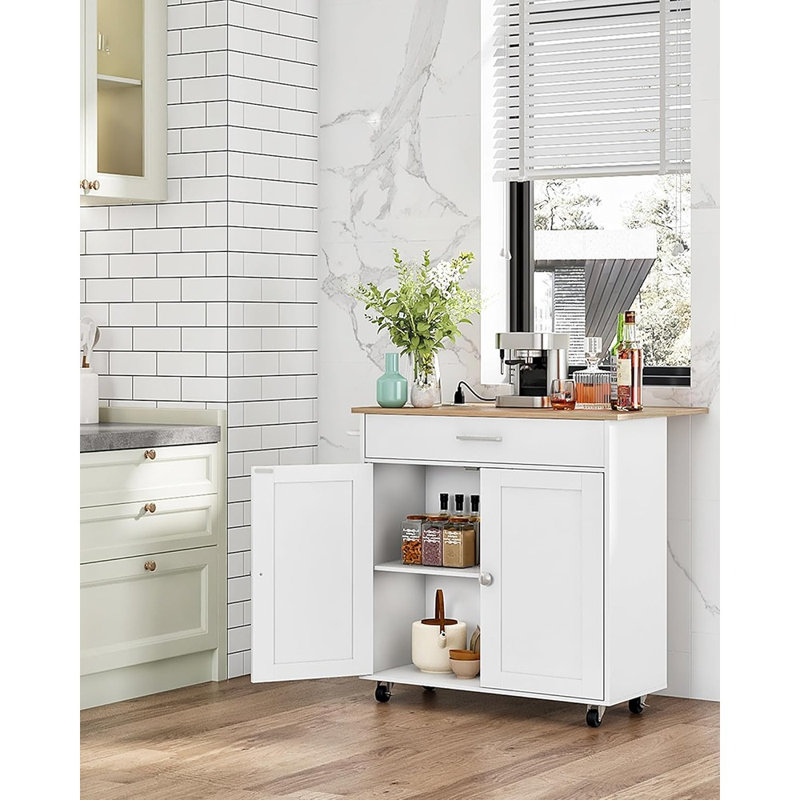 Chariot pour îlot de cuisine avec armoire double et tiroir, chariot de rangement roulant avec barre d'alimentation et abattant, pour la cuisine ou le salon, blanc et naturel