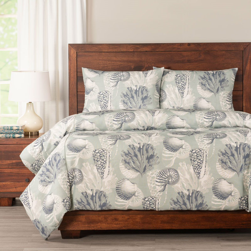Ocean Blue Seashell Print Duvet Cover Set, Queen Duvet Cover + 2 Queen Shams