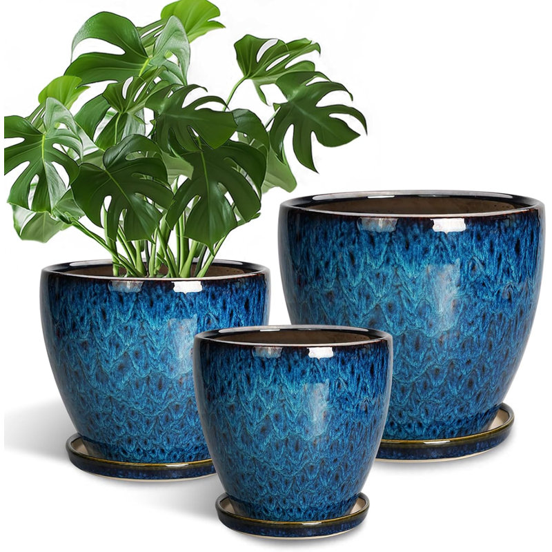 Ensemble de 3 pots à plantes en céramique 10 po, 8 po, 6 po avec trous de drainage et soucoupes bleu
