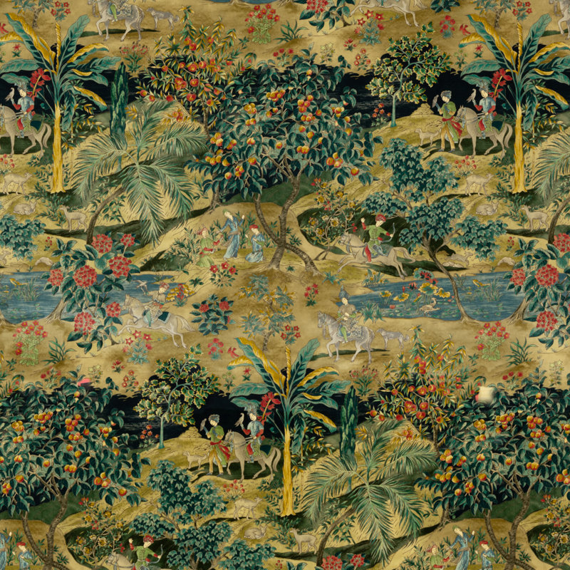 Coromandel Ramayana Cotton Blend Fabric, Emerald/Sand