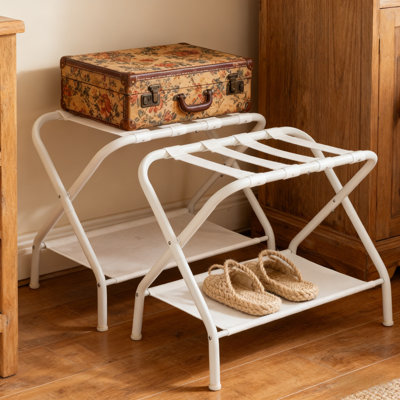 Porte-valise pliable avec tablette en tissu, ensemble de 2 porte-bagages pour chambre d'amis, chambre à coucher ou hôtel, 27,2 po x 15 po x 20,5 po, peut supporter jusqu'à 110 lb, blanc
