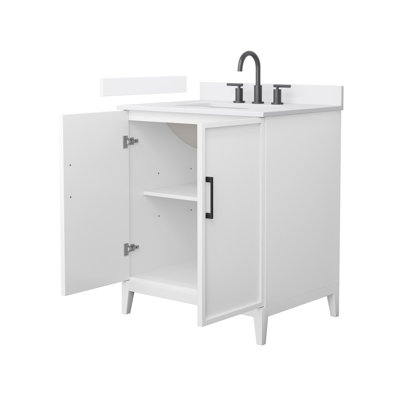 Meuble-lavabo simple 30 po Elan en blanc, comptoir en marbre de culture blanc, lavabo carré encastré (3 trous), garniture noir mat