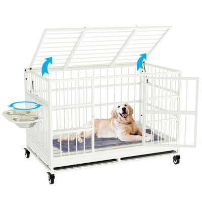 48 Inch Heavy Duty Dog Crate With Wheels, Folding Metal Extra Large Dog Crate XL XXL Dog Cage -  MOLYHOM, tqj-ymgl-001-wh