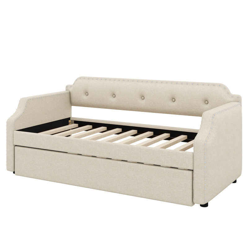 Twin Size  Linen Upholstered Daybed Sofa Bed With Pull-Out Trundle Design, Beige