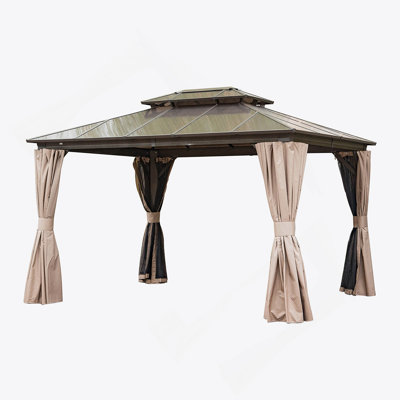 Pavillon de jardin à toit rigide 10 pi x 12 pi, pavillon de jardin extérieur permanent avec double toit en polycarbonate, pavillon de pavillon en aluminium avec rideau et filet pour jardin, patio, pelouse, terrasse, cour
