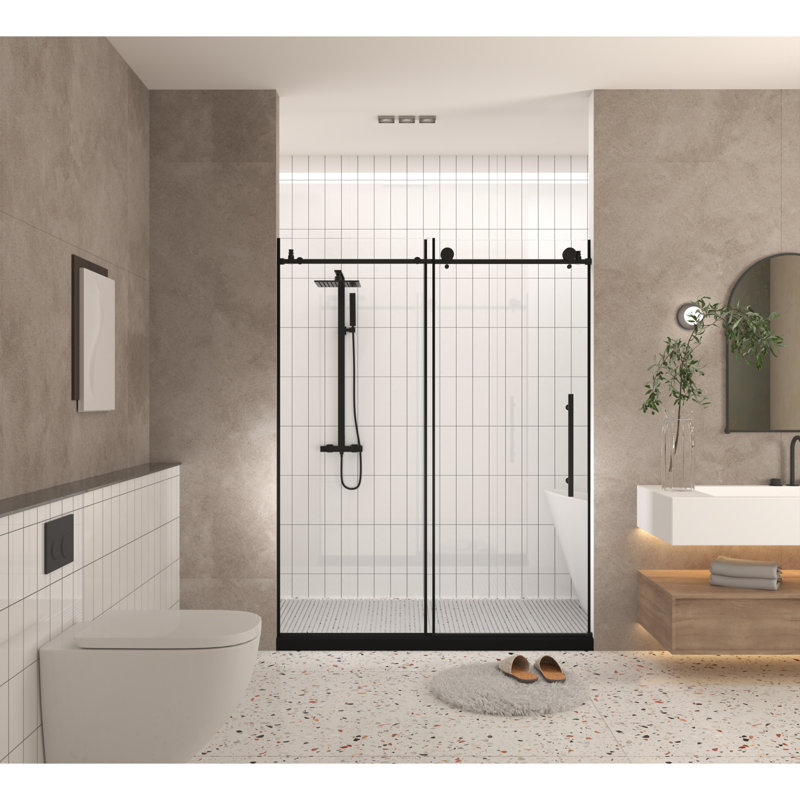 Porte de douche sans cadre en verre trempé transparent antidéflagrant l 60 po x H 76 po, Noir mat