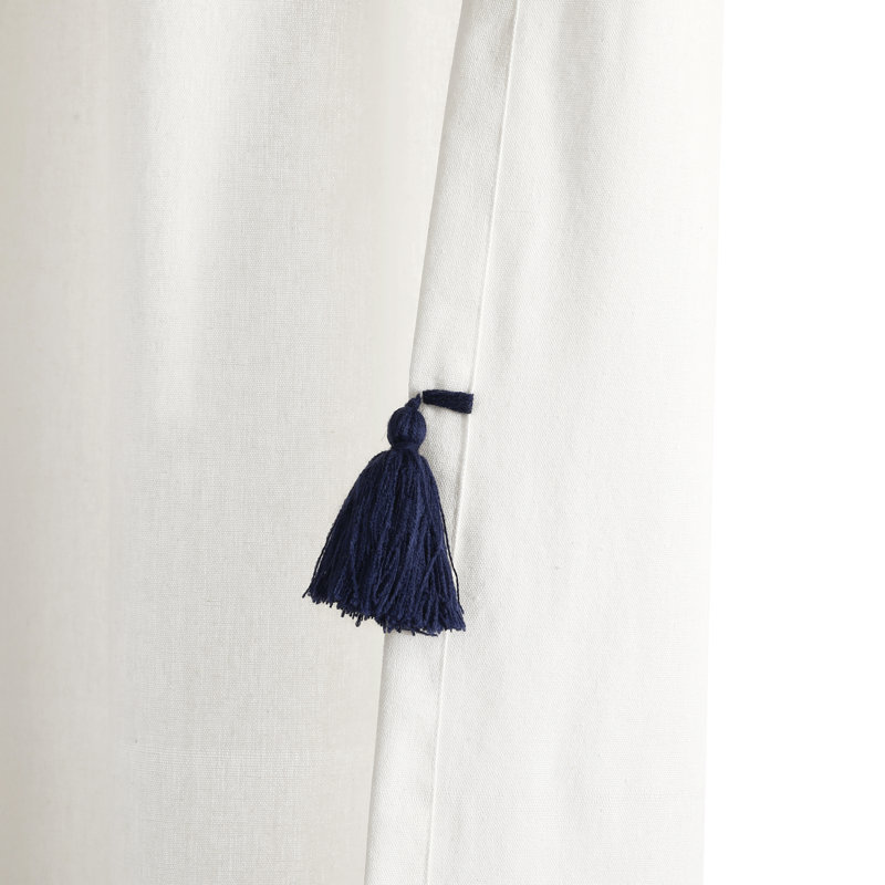 Lush Decor Boho Faux Linen Texture Tassel Semi-Sheer Single Curtain Panel, White/Navy