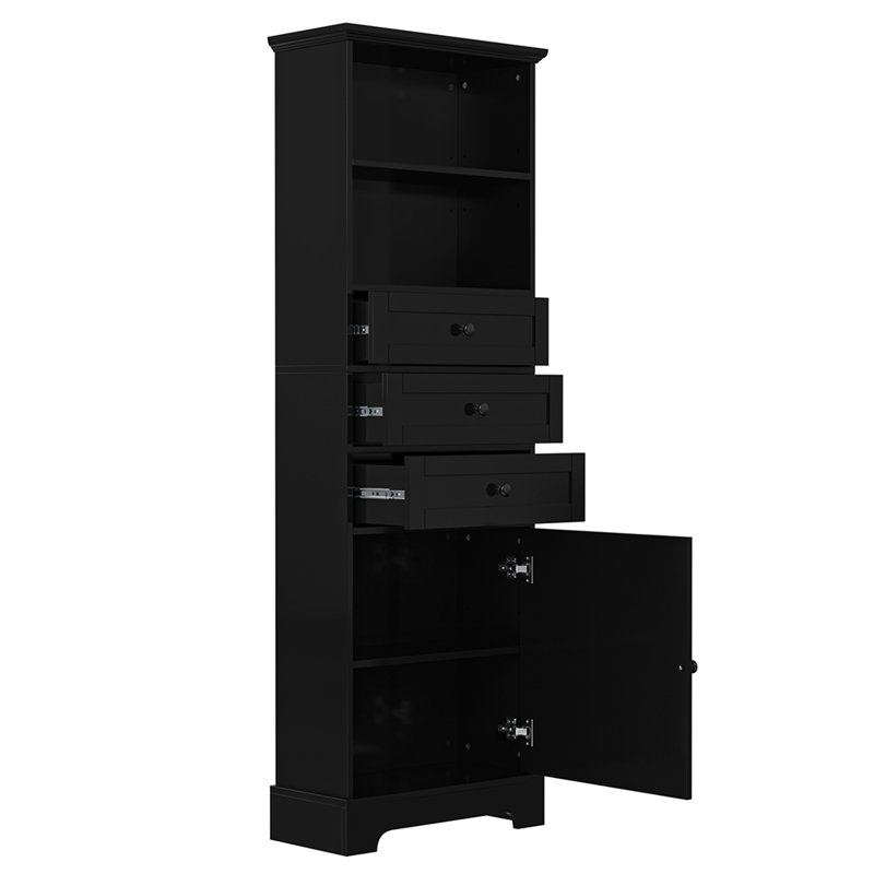 Tall Storage Cabinet With 3 Drawers And Adjustable Shelves, Black
