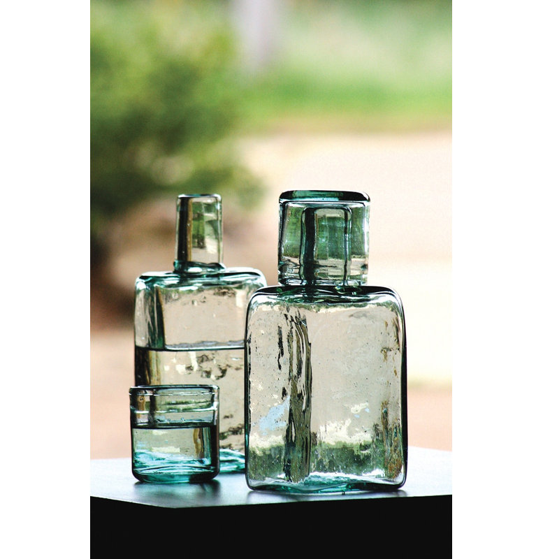 Kalalou Square Bedside Carafe 8.5" H Green Hand-Blown Natural Glass with Cup-Lid, Set of 2