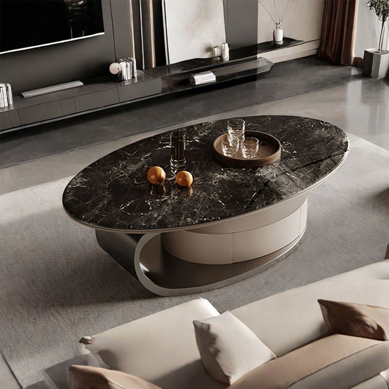 Table basse ovale en pierre supercristalline, Noir, noir, noir, noir, H 16,5 po x L 55,1 po x l 31,5 po