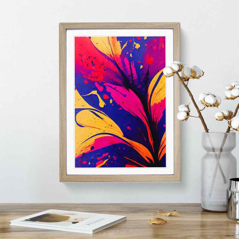 Paint Splash Flowers No.5 - Single Picture Frame Painting, 46cm H x 34cm W x 2cm D, Oak 