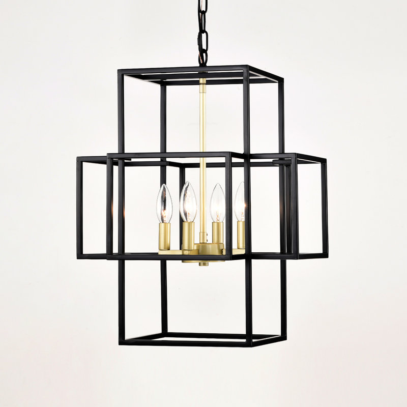 Suspension industrielle à 4 lanternes - noir mat et or, luminaire suspendu à hauteur réglable pour le salon, plafond en métal doré de bureau, couloir de style rétro, vestibule, bureau, conférence
