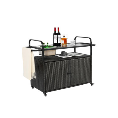 Black Cabinet Bar Cart, Outdoor Table With Steel Top, Ice Bucket, Lockable Wheels, Side Basket For Backyard - All-Weather, Effortless Installation & S by Crafted Palm