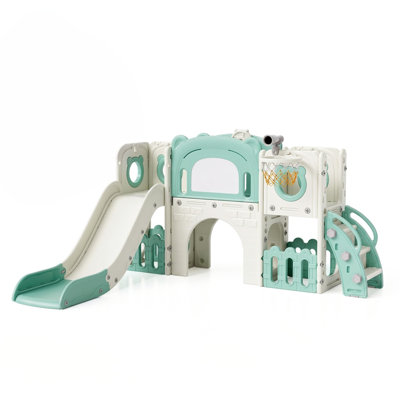 10-In-1 Toddler Slide Set, Kid Climber Slide Playset With Basketball Hoop And Ball, Drawing Board, Non-Slip Steps, Indoor Outdoor Playground For Age 3+(Green And White)